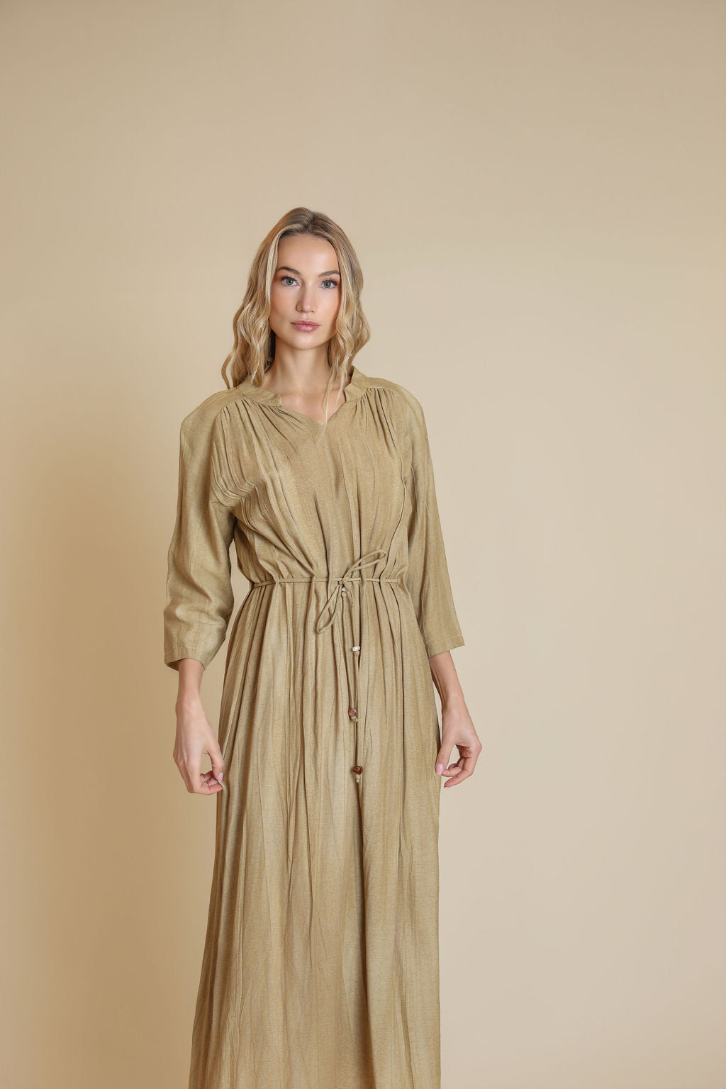 gauzy linen dress Short Sleeves Beige Gauze Linen Midi Dress
