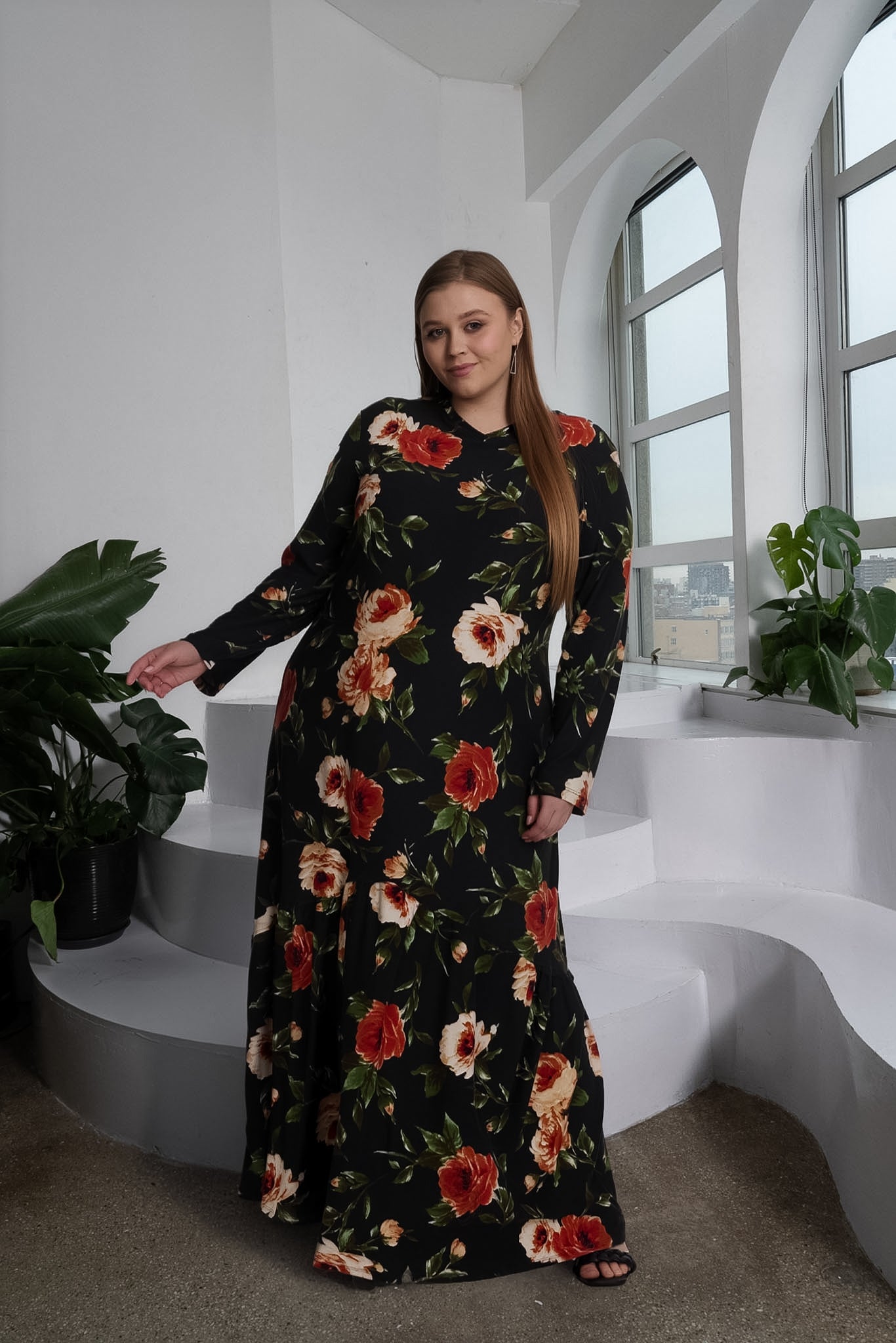 LIZ DRESS PLUS - BLACK/IVORY FLORAL