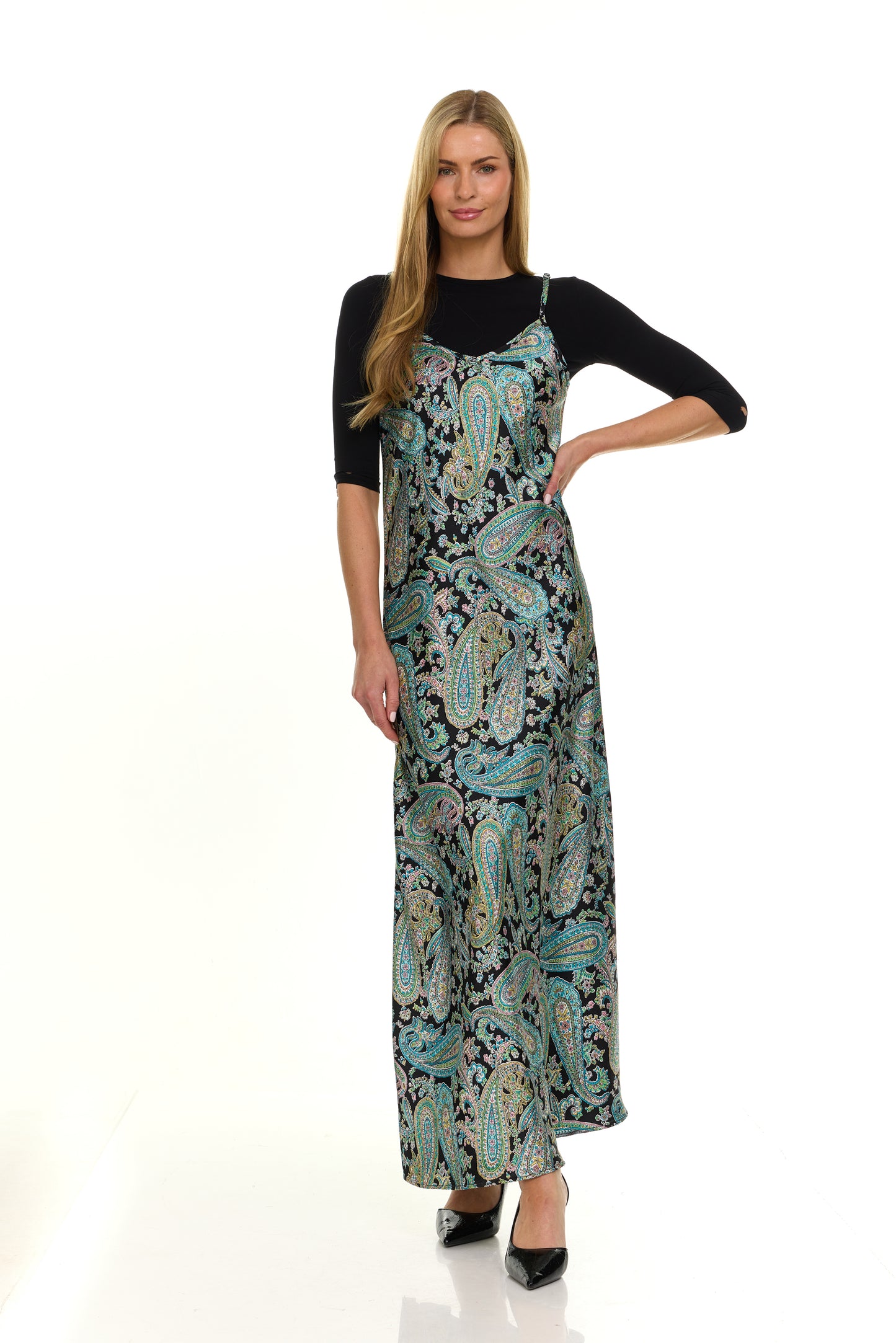 SATIN SLIP DRESS - BLACK PAISLEY