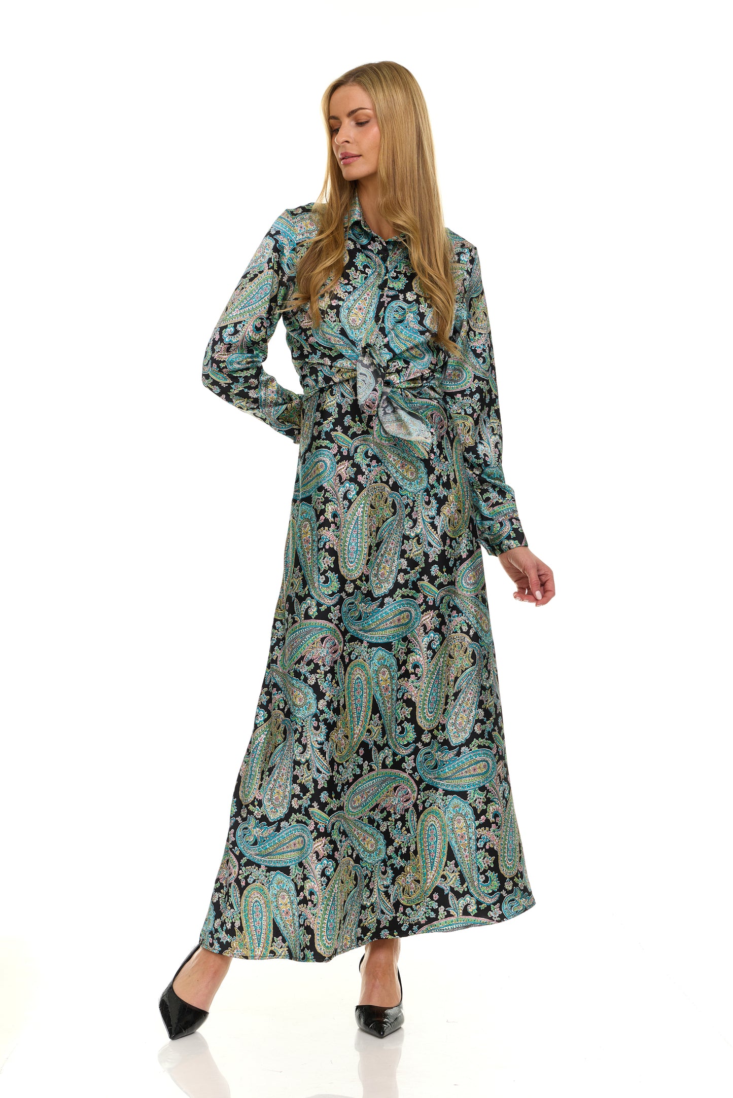SATIN SLIP DRESS - BLACK PAISLEY