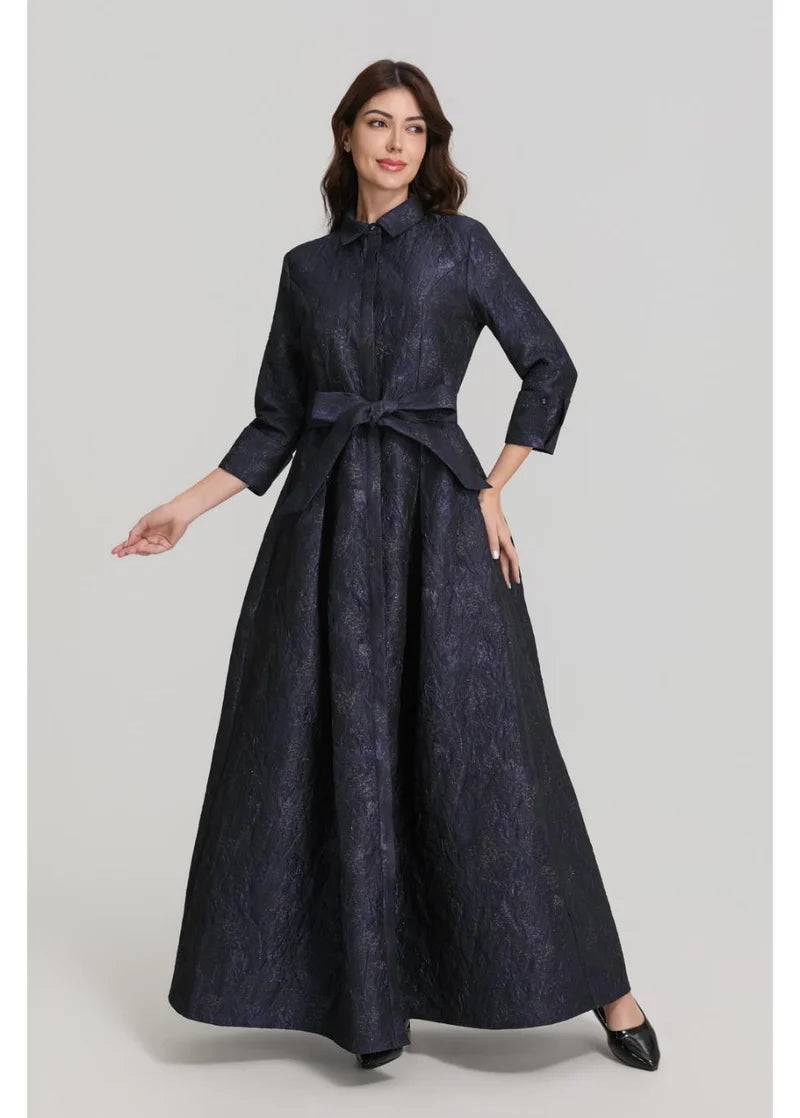 MISS FINCH NYC - NAVY JACQUARD MAXI SHIRT DRESS