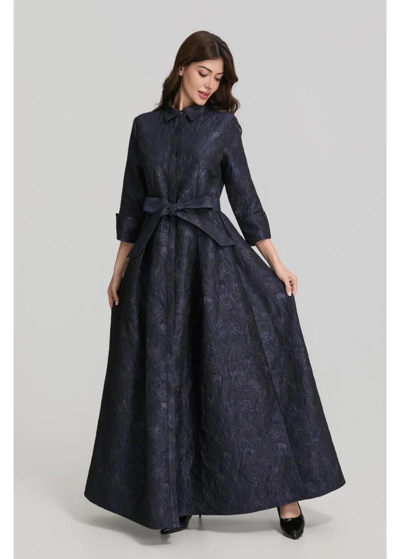 MISS FINCH NYC - NAVY JACQUARD MAXI SHIRT DRESS