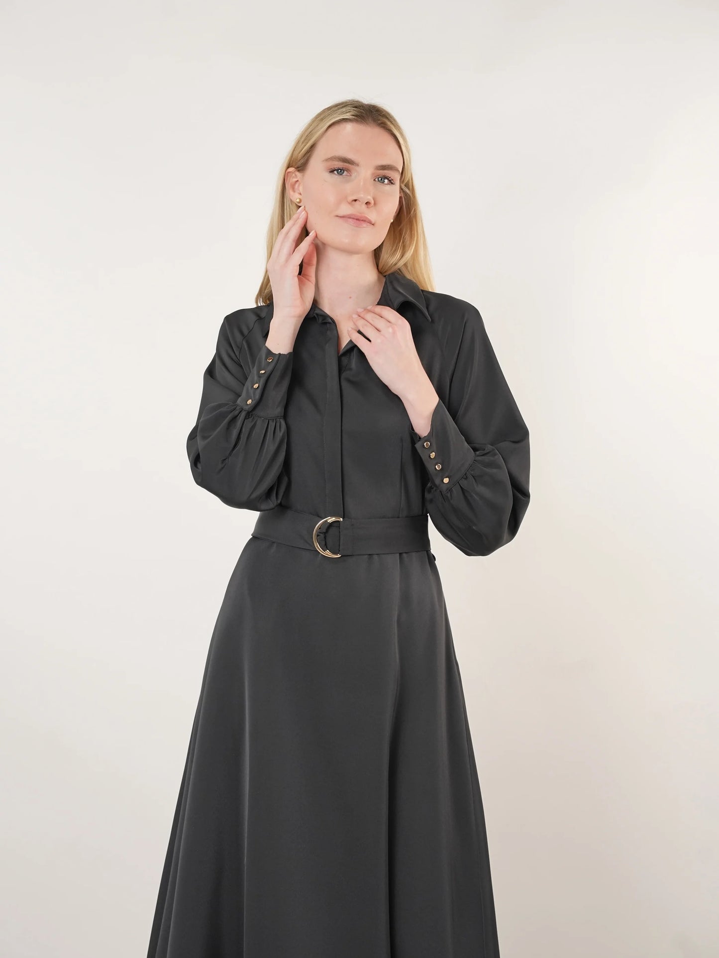 JOHN ABGIN - SATIN RAGLAN SLEEVE A-LINE MIDI DRESS