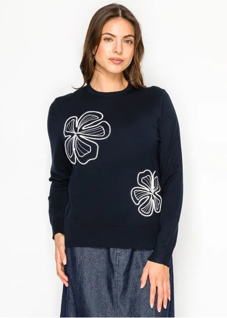 YAL - WHITE FLORAL STITCH SWEATER