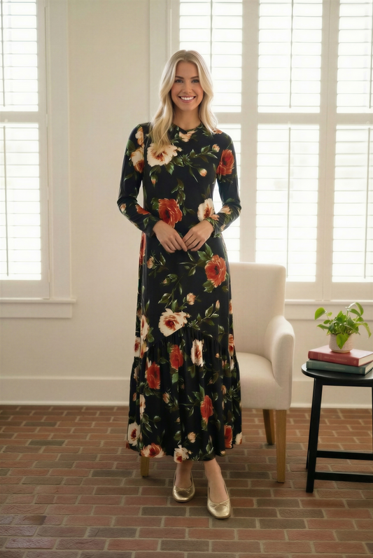 LIZ DRESS PLUS - BLACK/IVORY FLORAL