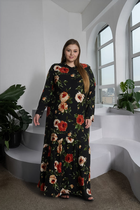 LIZ DRESS PLUS - BLACK/IVORY FLORAL