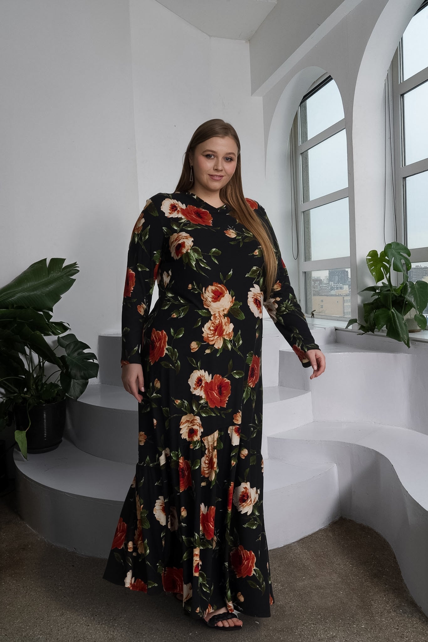 LIZ DRESS PLUS - BLACK/IVORY FLORAL