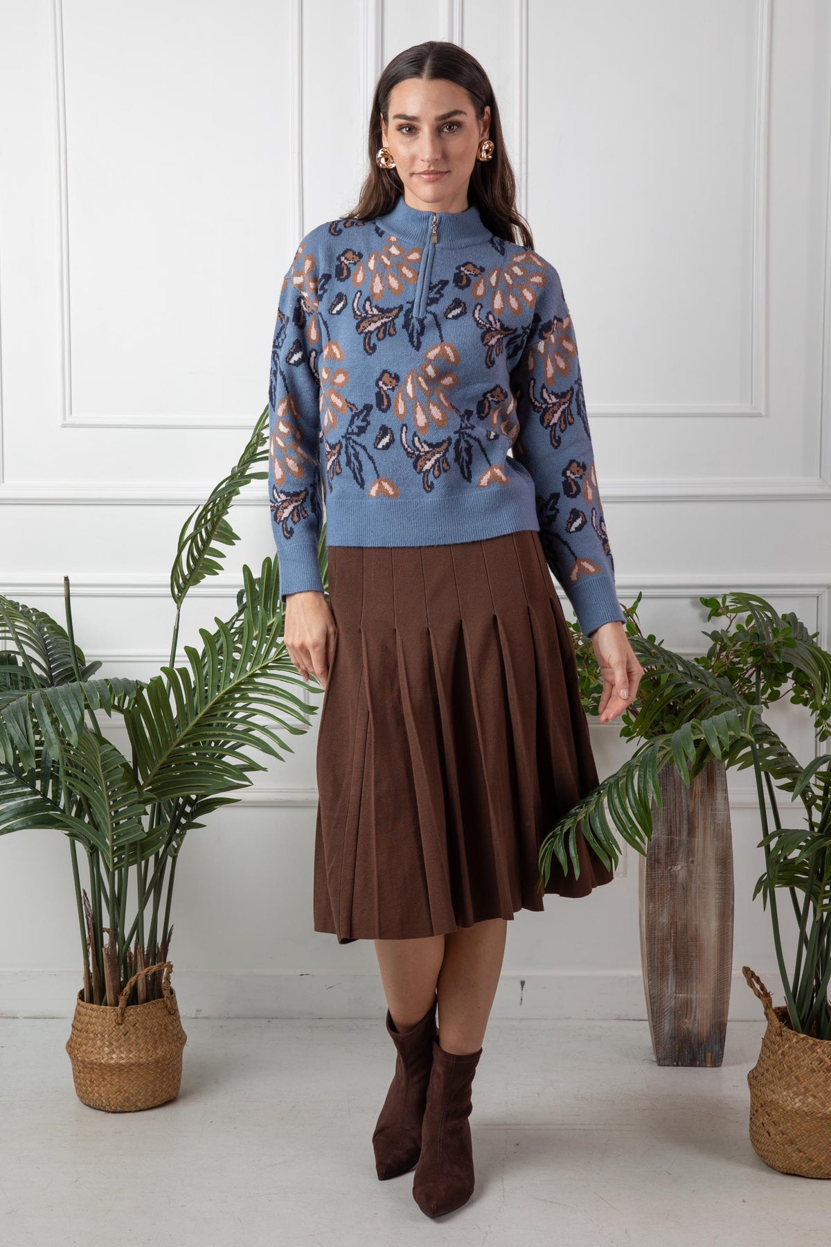 SOHO HALF ZIPPER FLORAL SWEATER