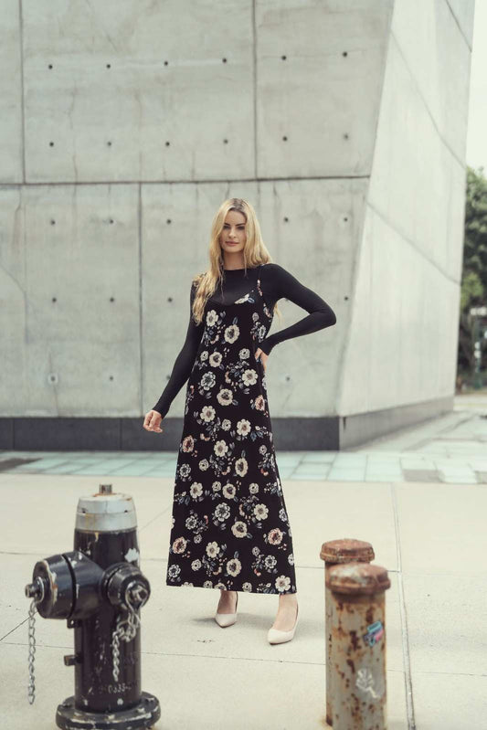 VELVET SLIP DRESS - BLACK FLORAL