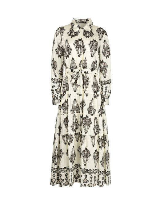 BEGONIA - PRINTED BOW WAIST COLLARED DRESS